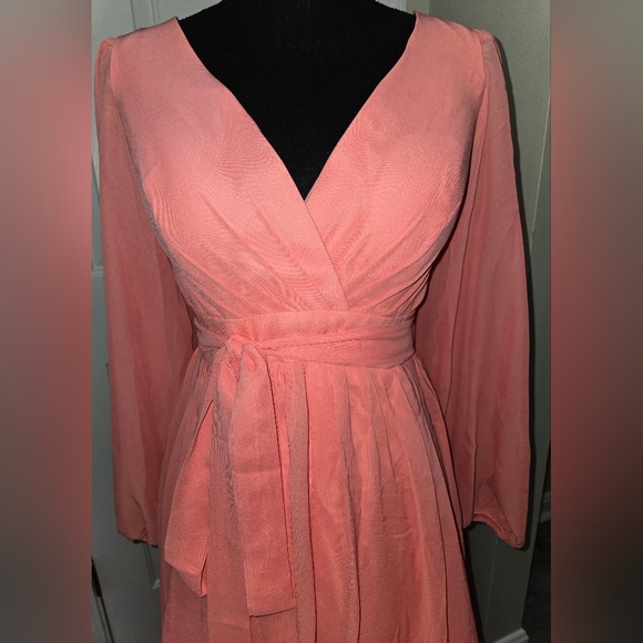 NWT Lavetir A-Line V-Neck Coral Long Sleeves Chiffon Long Dress - Picture 11 of 16